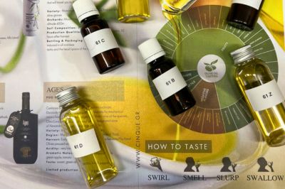 Greek extra virgin olive oil samples on a tasting map for an olive oil tasting experience in Athens.
