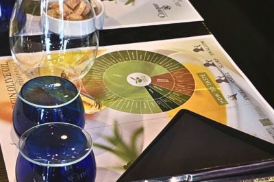 Blue olive oil tasting glasses with tasting notes for a Greek olive oil tasting in Athens.